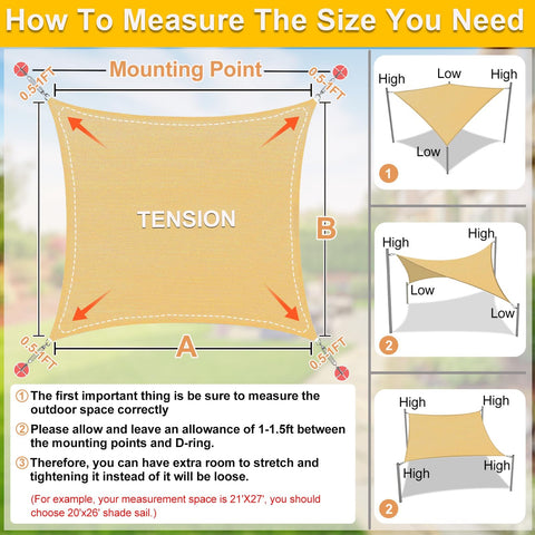 Diagram showing how to measure for a Curved 20 Ft By 26 Ft Sand Sun Shade Sail Outdoor Shade Cover with tension details.