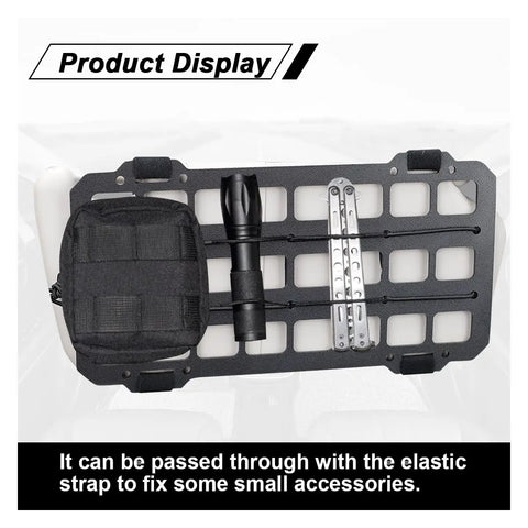 Rigid MOLLE Panel for Vehicle Sun Visor Organizer with flashlight and pouch mounted on panel