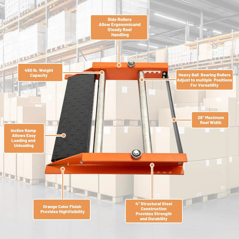 Heavy Duty Cable Roller Stand With 28-Inch Reel Capacity and steel frame in warehouse setting, featuring smooth incline ramp.