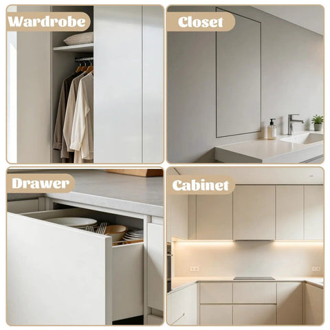 Set Of Two White Push To Open Magnetic Cabinet Door Latches for modern wardrobes, closets, drawers, and cabinets