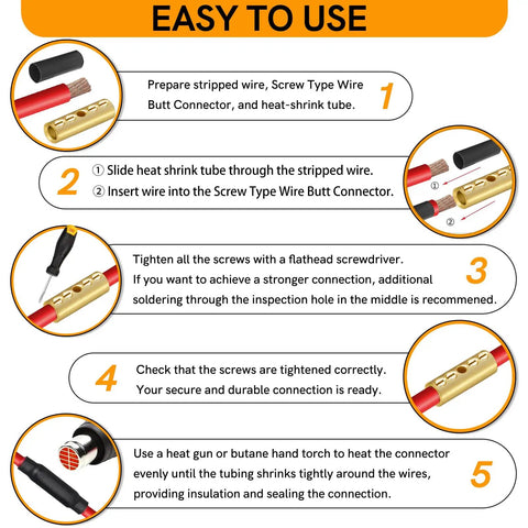Top Shelf 12 To 10 Awg Screw Style Wire Butt Connectors And Mechanical Splice Kit with heat shrink tubes for easy auto work.