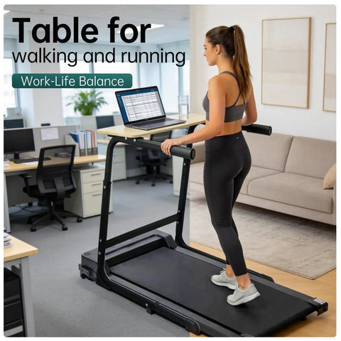 Woman working on Walking Pad Desk Attachment With Adjustable Height And Handlebar Two-In-One Laptop Workstation in office