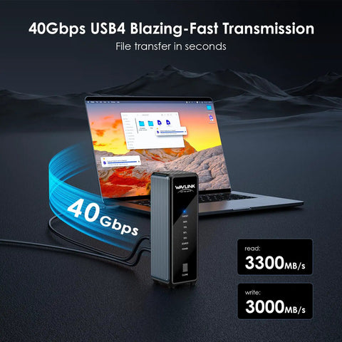 Tool Free Dual Nvme USB4 Enclosure Packing Killer 40Gbps Transfer Speeds For M Key SSD Drives connected to a laptop, displaying speed. 