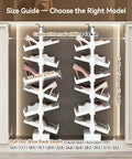 Heavy Duty Slide Out Shoe Rack Badass Adjustable Organizer with size guide for closet depth and width measurements.