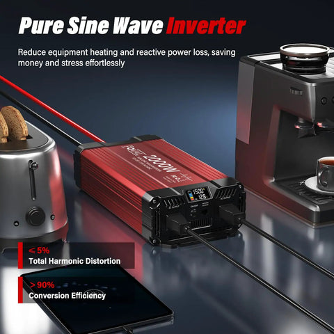 Heavy Duty 2000 Watt Pure Sine Wave Inverter 12 Volt To 110 Volt Converter With Digital Display and connected kitchen appliances.