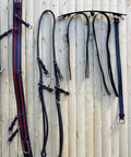 Full Size Leather Horse Driving Harness With Red Trim, Premium Quality Horse Driving Equipment, shown on wooden backdrop