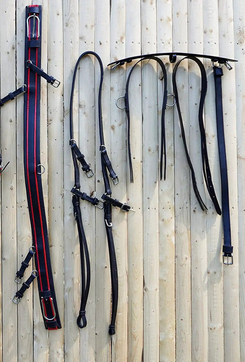 Full Size Leather Horse Driving Harness With Red Trim, Premium Quality Horse Driving Equipment, shown on wooden backdrop
