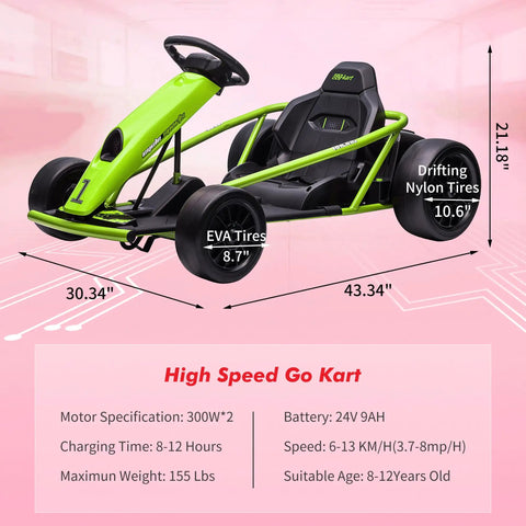 Green Kids 24V Electric Go Kart With Dual 300W Motors, 9Ah Battery, 8 MPH Rad Drift Power, dimensions shown