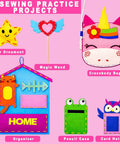 Beginner Kids Sewing Kit With 6 DIY Projects Fun Prepunched Fabric Safe Plastic Needle No Glue Arts And Crafts Toy For Girls And Boys Aged 5 To 12 Ideal Birthday Gift For Creative Little Makers featuring unicorn bag, star, owl card holder.
