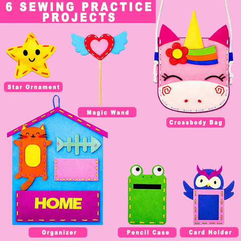 Beginner Kids Sewing Kit With 6 DIY Projects Fun Prepunched Fabric Safe Plastic Needle No Glue Arts And Crafts Toy For Girls And Boys Aged 5 To 12 Ideal Birthday Gift For Creative Little Makers featuring unicorn bag, star, owl card holder.