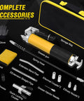 Front view of grease gun kit: yellow pistol-grip grease gun with 18-in resin hose, adapters, and storage bag
