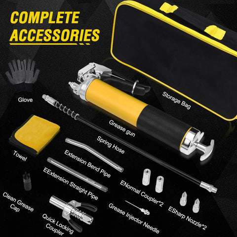 Front view of grease gun kit: yellow pistol-grip grease gun with 18-in resin hose, adapters, and storage bag