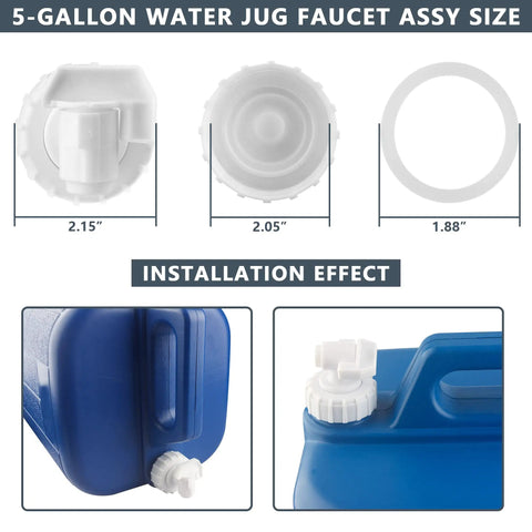 5 Gallon Water Jug Spigot Replacement Faucet Assembly For Water Carriers Sealed Durable Spout Fits Coleman And Other 5 Gallon Jugs No Tools Needed Easy Install white ABS with gasket sizes and installed on blue jug