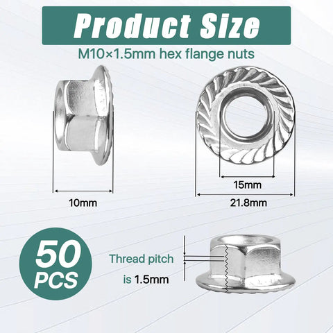 50 Pack M10 X 1.5mm 304 Stainless Steel Serrated Flange Hex Nuts Metric Lock Hardware with size details shown.
