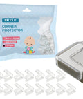 Tough As Nails L Shaped Table Corner Protectors For No Worries Baby Proofing And Toddler Safety 15 Pack Clear Gel Bumpers arranged with packaging.