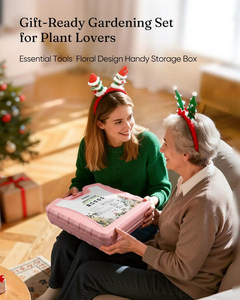 Two women with reindeer antlers holding 12-Piece Pink Yard Tool Set For Women And Men With Durable Carrying Case.