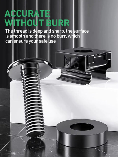 No Sweat 100 Pack M6 X 16mm Rack Mount Cage Nuts Heavy Duty Screw And Washer Hardware Kit showing M6 screw, cage nut, and washer.