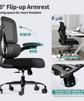 Ergonomic Office Chair With Adjustable Lumbar Support And Breathable Mesh Seat For All Day Comfort At Home Or In The Office Supports Up To 330 Lbs showcasing 90° flip-up armrests and tension adjustment knob.