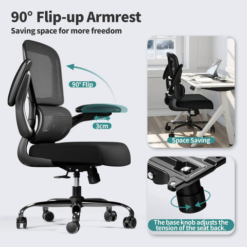 Ergonomic Office Chair With Adjustable Lumbar Support And Breathable Mesh Seat For All Day Comfort At Home Or In The Office Supports Up To 330 Lbs showcasing 90° flip-up armrests and tension adjustment knob.