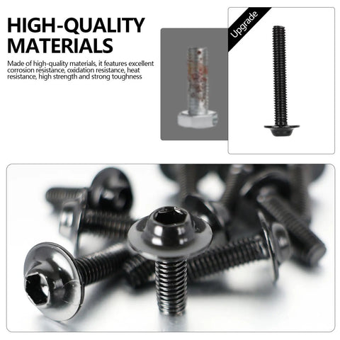 Close-up of 195 Piece Stainless Steel Motorcycle Fairing Bolt Kit M5 M6 Universal Fit For Sportbike Windscreen Screws Fasteners Clips All In One Must Have Kit For Kawasaki Suzuki Honda Yamaha BMW Ducati GSXR Black showing black zinc finish.