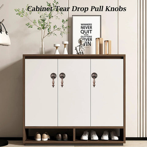 4Pcs Vintage Tear Drop Cabinet Pulls With Screws, Red Bronze Zinc Alloy Handles For Dresser, Closet And Furniture, 2.6 Inch (65mm) Drop Knob Set, shown installed on white cabinet doors.