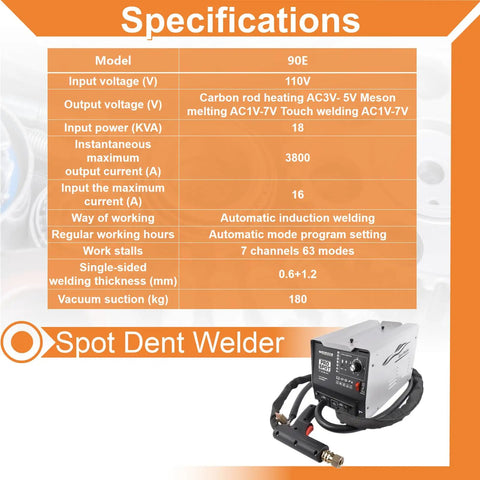 Pro Stud Welder Dent Repair Kit For Auto Body Dents 110V 3000W 3800A Spot Weld Puller with specifications table.