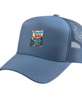 Fresh Light Blue Trucker Hat For Machinists And CNC Guys With Adjustable Mesh Back And Funny Gauge Square Vise Design That Is A Total Flex For Any Shop Job Or Cool Gift Idea - angled view with logo