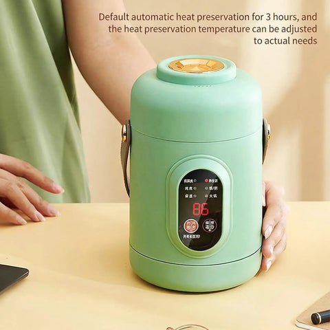 Compact 500W Mini Electric Pot With Portable Stainless Steel Ramen Cooker 6-In-1 Functions And 12-Hour Timer in green on table