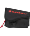 Black 10/22 Buttstock Pouch with red embroidery, zippered pocket, protective flap, and clip-on attachment, holds 10 round mags.