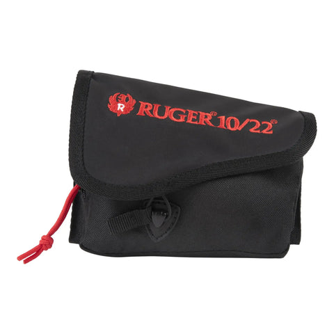 Black 10/22 Buttstock Pouch with red embroidery, zippered pocket, protective flap, and clip-on attachment, holds 10 round mags.