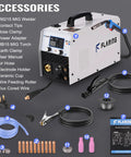 Six In One Dual Voltage MIG Welder 120V/240V Workhorse With Flux Core And Gas MIG Stick Lift TIG Spot Welding All In One Spool Gun Ready Portable Weld Machine With LED Display and accessories including torch, cables, and manual.