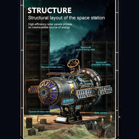 Interstellar Space Station 3D Wooden Puzzle Kit With Lights And Music, 511-Piece DIY Mechanical Model For Adults, No Glue Snap-Fit Build, Totally Rotating Space Station Desk Decor, STEM Sci-Fi Gift For Puzzle Lovers. Wooden space station model with solar panels and base stand