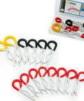 Front view of 14-piece set of heavy-duty hitch pin clips R-clips with rubber-coated grips in yellow, red, black.