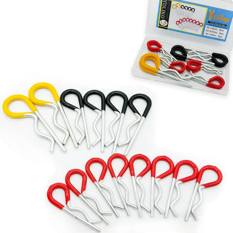 Front view of 14-piece set of heavy-duty hitch pin clips R-clips with rubber-coated grips in yellow, red, black.