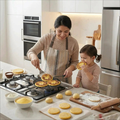 Mother and child cooking arepas on a 7.5 Inch Colombian Budare Arepa Grill for Stovetop and Gas Stove, Perforated Design for Grilling.