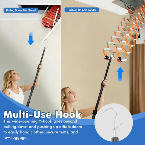 Beefy Attic Pull Down System Kit with Y Hook and Handles being used for pulling down attic ladder and board.