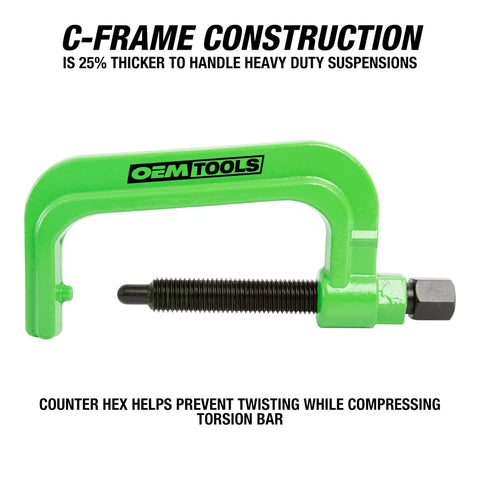 Beefy Heavy Duty Torsion Bar Removal Tool with Extended C Frame and text about hex and construction