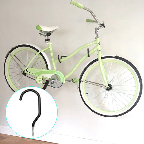 Green bicycle mounted on wall with Heavy Duty Bike Storage Hooks 12 Pack Wall And Ceiling Mounted Bicycle Hooks for garage use