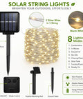 Outdoor Solar String Lights With 100 LEDs 33 Feet 8 Modes Weatherproof Fairy Lights diagram showing features and components