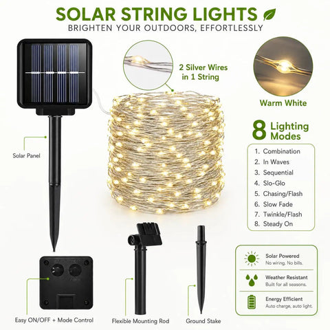 Outdoor Solar String Lights With 100 LEDs 33 Feet 8 Modes Weatherproof Fairy Lights diagram showing features and components