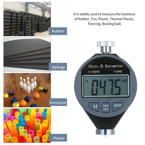 Hella Tough Digital Shore Durometer Scale With Slick LCD Display For Accurate Testing Of Rubber Tires Bowling Balls And Commercial Flooring Type A C D Hardness Meter showing rubber, sponge, bowling balls, and plastic materials.