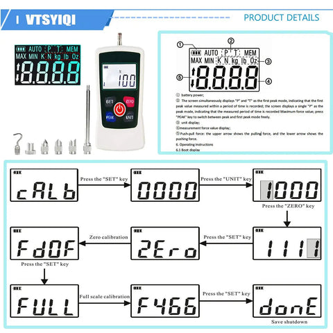 100N Push Pull Force Gauge For Plug Force Tests Handy Destructive Testing Meter With 4 Units N Kg Lb Oz 0.1N Divisions ±1 Percent Accuracy Compact 124x60x31mm White showing display and calibration guide