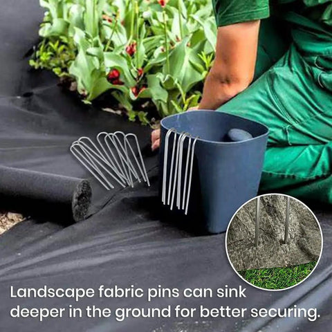 100 Pack 6 Inch Garden Stakes Galvanized Landscape Staples for Weed Barrier Fabric Heavy Duty Sod Pins shown in use
