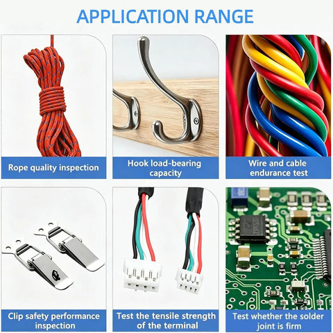 Digital Pro Grade Pull Force Tester With Horizontal Push Pull Stand For 500 To 1000N Wire Harness And Terminal Tensile Testing Portable High Accuracy Pull Force Test Machine Set With Five Metal Fittings application range for rope, hooks, wires, clips, terminals, PCB joints