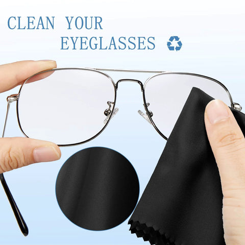 Microfiber cleaning cloth for glasses, black; shown wiping metal-frame eyeglasses.