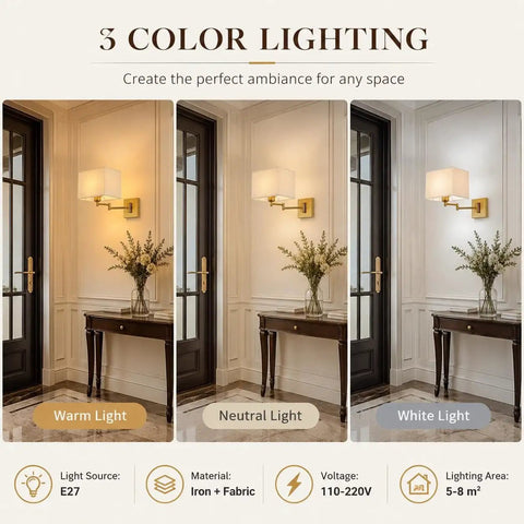 Modern Rectangular Fabric Wall Sconce,Swing Arm Wall Lamp,3 Color Lighting showcasing three light colors in a stylish indoor setting.
