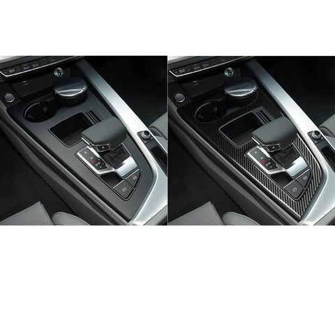 Comparison of Audi B9 center console before and after Real Carbon Fiber Center Console Cover For Audi B9 A4 S4 A5 S5 RS5 2020 2021 2022 2023 2024 2025 Gear Shift Panel Decal Interior Trim Accessory 1 Piece Slick Premium Finish Scratch Resistant Durable Matte Realistic Look Easy Installation installation