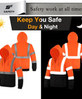 High Visibility Class 3 Reflective Zippered Hooded Safety Sweatshirt For Men With Padded Lining Stain Resistant Fabric Display