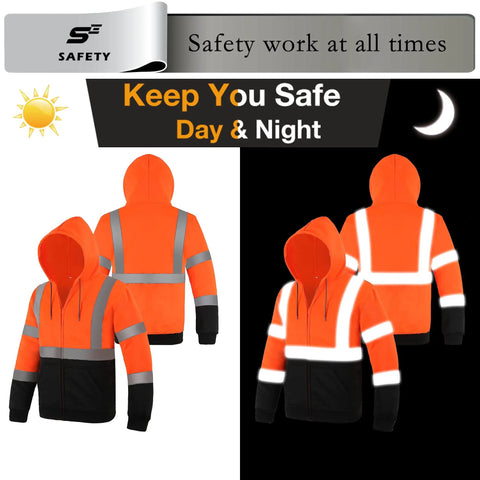 High Visibility Class 3 Reflective Zippered Hooded Safety Sweatshirt For Men With Padded Lining Stain Resistant Fabric Display