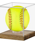 Clear Acrylic Softball Display Case with Wood Base for one ball, showcasing a softball inside a transparent box on a wooden base.
